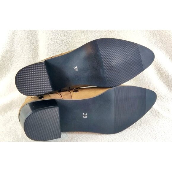 Studded Shoe Boot Two-Tone Brown Faux Leather Silver Studs Medium Block Heel - Picture 8 of 13